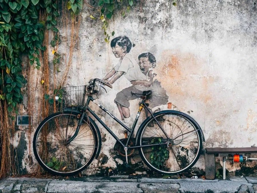 Children on a Bicycle street art on Armenian Street